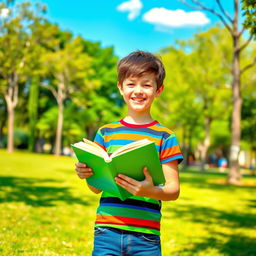 A tall, young boy holding a book in his hands, standing in a vibrant and cheerful environment