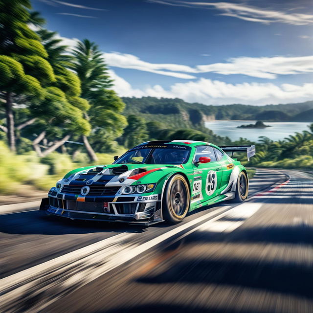 Digital art of a sleek, high-speed race car from Norfolk Island, painted in the colours of the territory's flag, racing on a track surrounded by pine trees and rocky cliffs