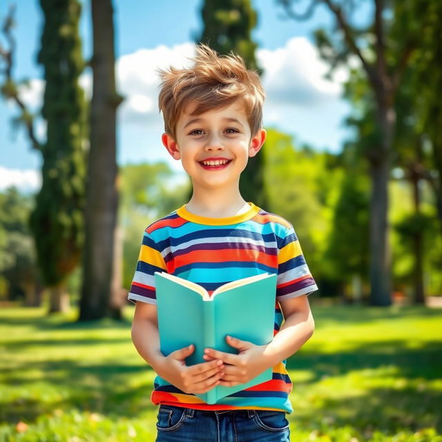 A tall, young boy holding a book in his hands, standing in a vibrant and cheerful environment