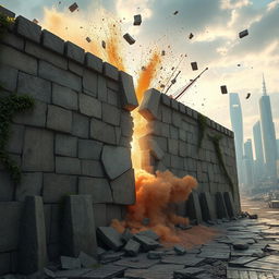 A large, cracked wall being broken down, dust and debris flying in the air, pieces of the wall tumbling down