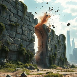 A large, cracked wall being broken down, dust and debris flying in the air, pieces of the wall tumbling down