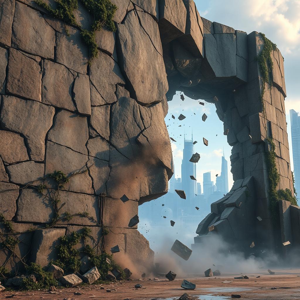 A large, cracked wall being broken down, dust and debris flying in the air, pieces of the wall tumbling down