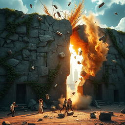A large, cracked wall being broken down, dust and debris flying in the air, pieces of the wall tumbling down