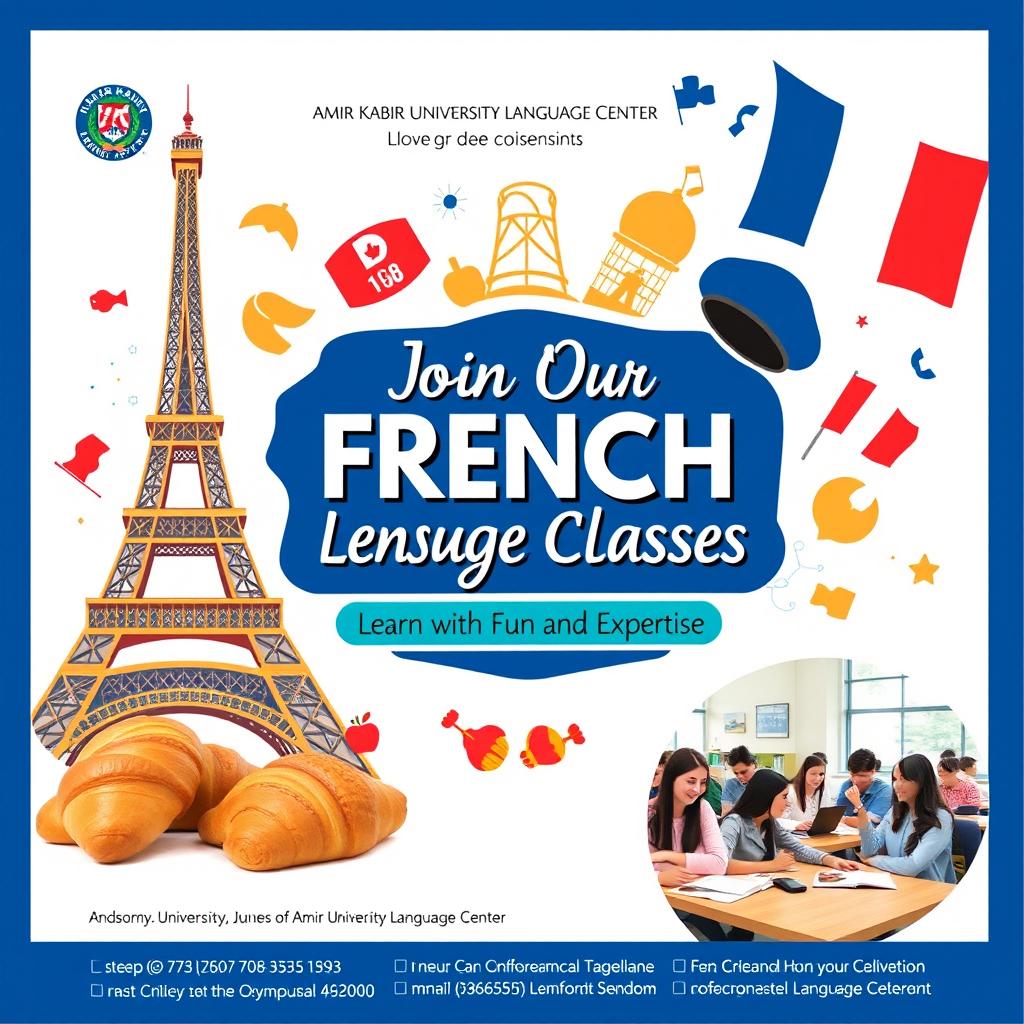A vibrant promotional poster for French language classes at Amir Kabir University Language Center, featuring the Eiffel Tower and iconic French symbols like croissants, a beret, and French flags
