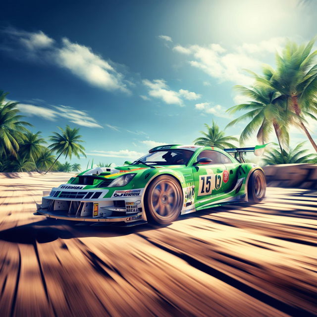 Digital art of a sleek, high-speed race car from the Cocos Islands, painted in the colours of the country's flag, racing on a track set against a backdrop of white sandy beaches and coconut palm trees