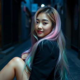 A beautiful Korean woman poses elegantly and alluringly, with long hair in shades of pink, green, and purple