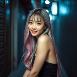 A beautiful Korean woman poses elegantly and alluringly, with long hair in shades of pink, green, and purple