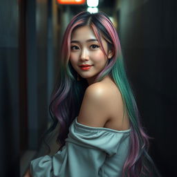 A beautiful Korean woman poses elegantly and alluringly, with long hair in shades of pink, green, and purple