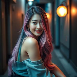 A beautiful Korean woman poses elegantly and alluringly, with long hair in shades of pink, green, and purple