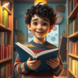 A full-length digital portrait of a young boy holding a book, set in a cozy indoor environment