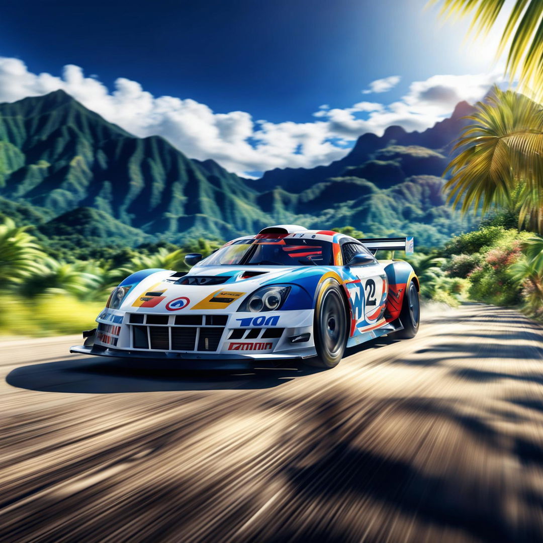 Digital art of a sleek, high-speed race car from French Polynesia, painted in the colours of the region's flag, racing on a track set against a backdrop of lush mountains and clear blue lagoons