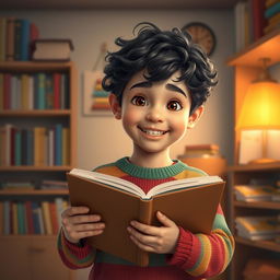 A full-length digital portrait of a young boy holding a book, set in a cozy indoor environment