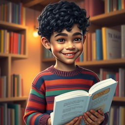 A full-length digital portrait of a young boy holding a book, set in a cozy indoor environment