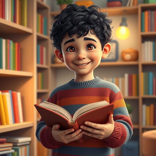 A full-length digital portrait of a young boy holding a book, set in a cozy indoor environment