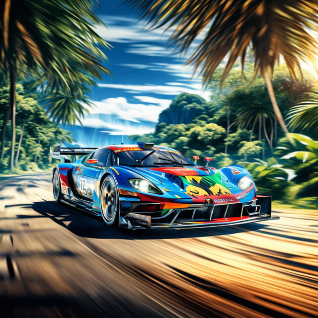 Digital art of a sleek, high-speed race car from New Caledonia, painted in the colours of the region's flag, racing on a track set against a backdrop of lush rainforests and clear blue lagoons