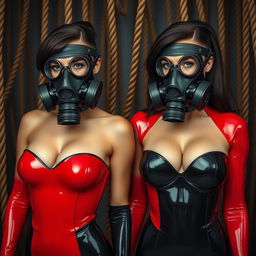 Two alluring slim women with large busts, dressed in form-fitting, shiny black and red latex suits that accentuate their silhouettes