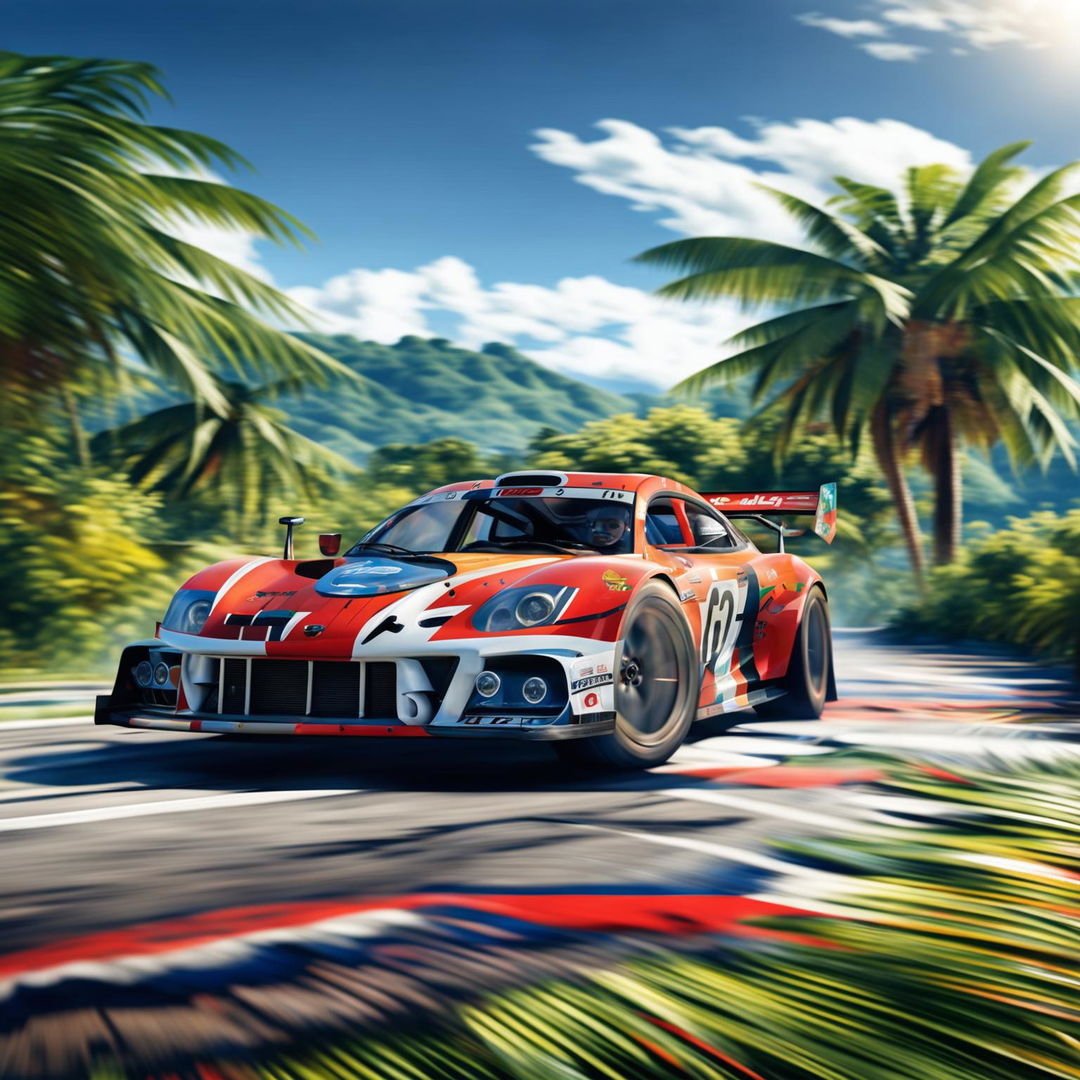 Digital art of a sleek, high-speed race car from Wallis and Futuna, painted in the colours of the territory's flag, racing on a track set against a backdrop of lush vegetation and clear blue lagoons