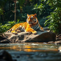 A majestic tiger lounging on a sunlit rock, with its vibrant orange and black striped fur glistening in the sunlight