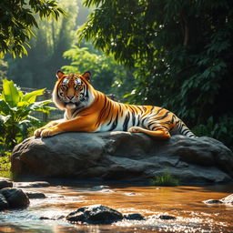 A majestic tiger lounging on a sunlit rock, with its vibrant orange and black striped fur glistening in the sunlight