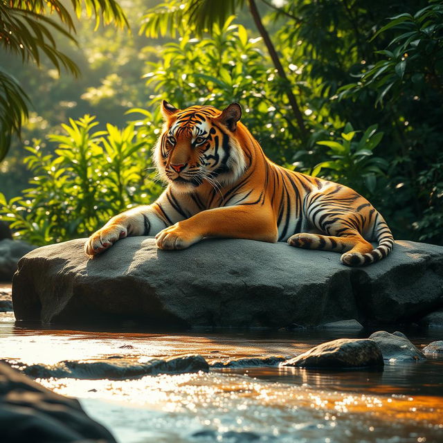 A majestic tiger lounging on a sunlit rock, with its vibrant orange and black striped fur glistening in the sunlight