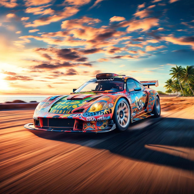 This digital art showcases a vibrant race car from Tokelau, speeding down a coastal road