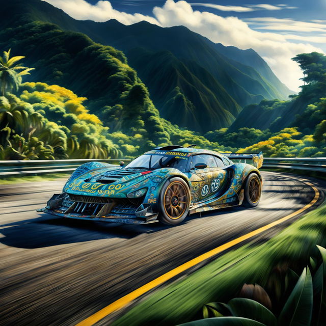 The digital art piece presents a race car from the Pitcairn Islands, adorned with island-inspired motifs, speeding down a coastal road