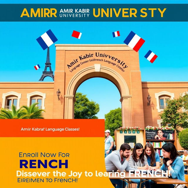 A promotional poster for French language classes at Amir Kabir University Language Center, featuring the entrance arch of Amir Kabir University as the central visual element