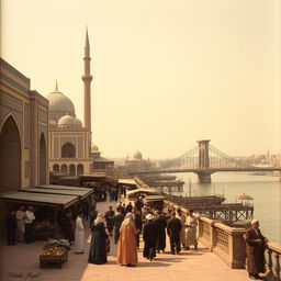 A nostalgic scene of Isfahan from fifty to eighty years ago, showcasing traditional architecture, bustling bazaars, and people dressed in historical clothing