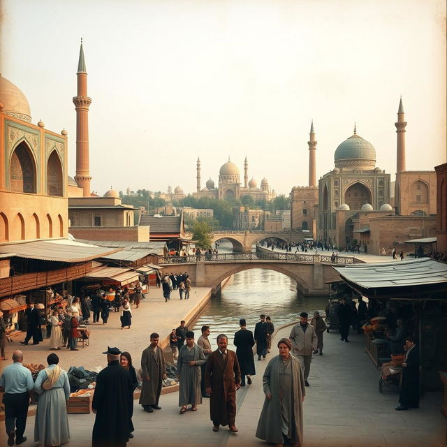 A nostalgic scene of Isfahan from fifty to eighty years ago, showcasing traditional architecture, bustling bazaars, and people dressed in historical clothing