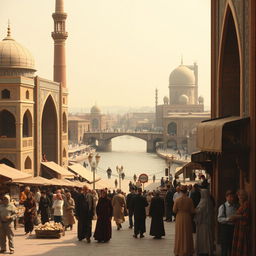 A nostalgic scene of Isfahan from fifty to eighty years ago, showcasing traditional architecture, bustling bazaars, and people dressed in historical clothing