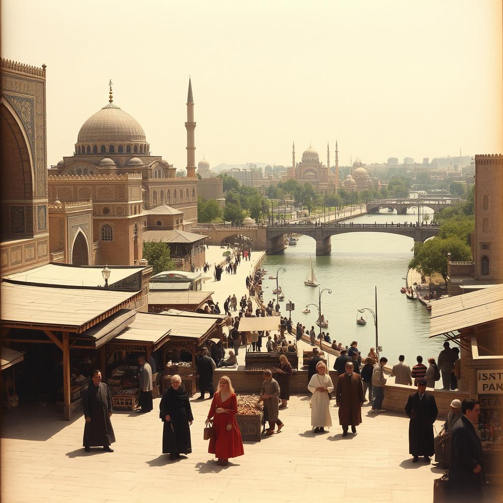 A nostalgic scene of Isfahan from fifty to eighty years ago, showcasing traditional architecture, bustling bazaars, and people dressed in historical clothing