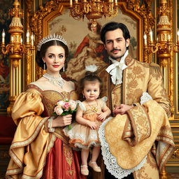 A royal baroque style family portrait featuring a poised mother and father in opulent, intricate costumes adorned with gold embroidery