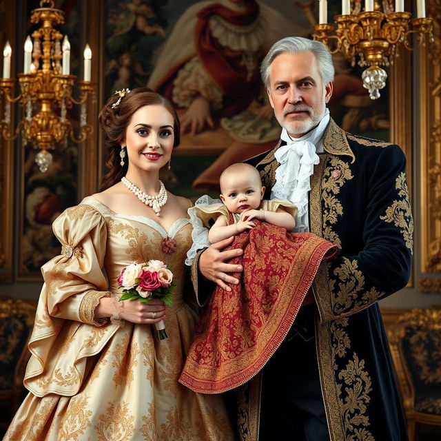 A royal baroque style family portrait featuring a poised mother and father in opulent, intricate costumes adorned with gold embroidery