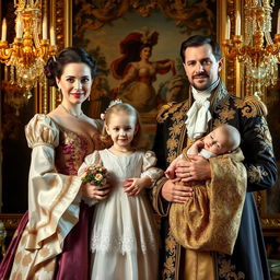 A royal baroque style family portrait featuring a poised mother and father in opulent, intricate costumes adorned with gold embroidery