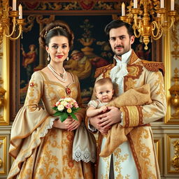 A royal baroque style family portrait featuring a poised mother and father in opulent, intricate costumes adorned with gold embroidery