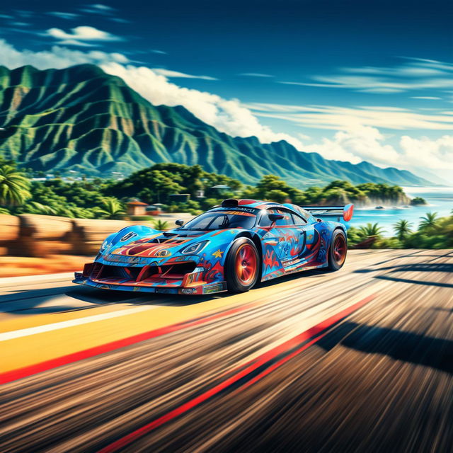 The digital art image features a race car from American Samoa, decorated with traditional Samoan patterns and colors