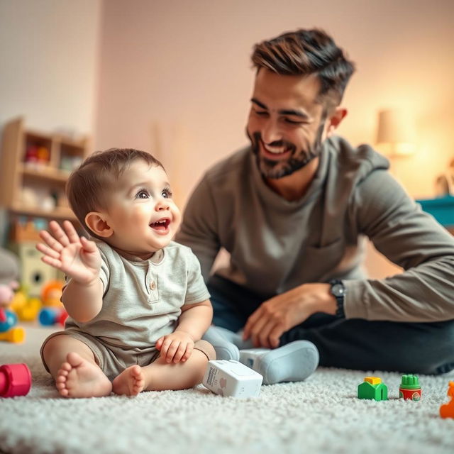 A playful, cheerful scene of a young child, around 5 years old, sitting on the floor with an innocent expression, looking up at their father with wide eyes