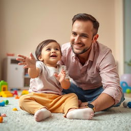 A playful, cheerful scene of a young child, around 5 years old, sitting on the floor with an innocent expression, looking up at their father with wide eyes