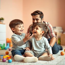 A playful, cheerful scene of a young child, around 5 years old, sitting on the floor with an innocent expression, looking up at their father with wide eyes