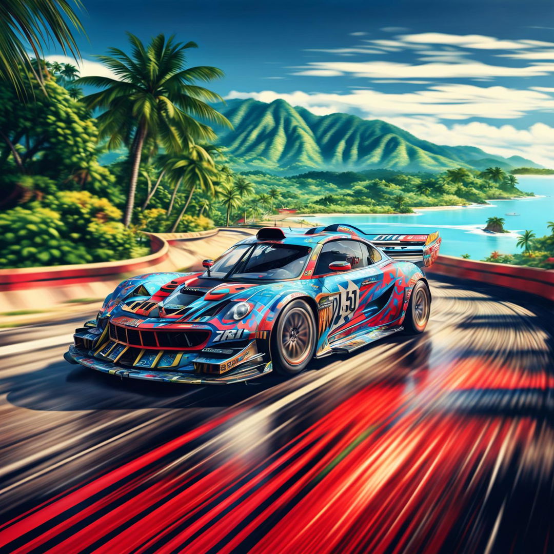 The digital art piece presents a race car from Guam, decorated with traditional Chamorro patterns and Guam's flag colors