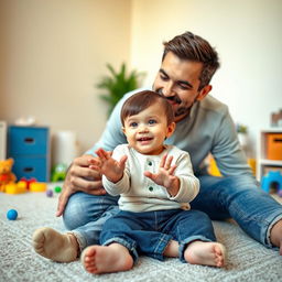 A playful, cheerful scene of a young child, around 5 years old, sitting on the floor with an innocent expression, looking up at their father with wide eyes