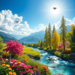 A picturesque paradise scene, featuring lush green landscapes, colorful blooming flowers, and a radiant blue sky with fluffy white clouds