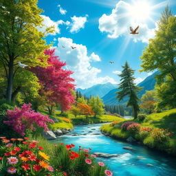 A picturesque paradise scene, featuring lush green landscapes, colorful blooming flowers, and a radiant blue sky with fluffy white clouds