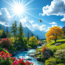 A picturesque paradise scene, featuring lush green landscapes, colorful blooming flowers, and a radiant blue sky with fluffy white clouds