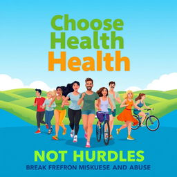 A vibrant poster design that conveys the message "Choose Health, Not Hurdles, Break Free from Misuse and Abuse"