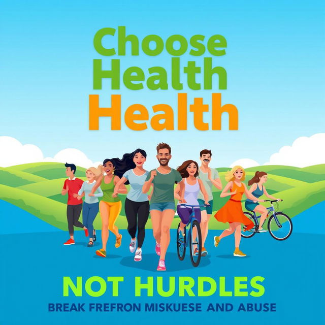 A vibrant poster design that conveys the message "Choose Health, Not Hurdles, Break Free from Misuse and Abuse"