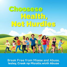 A vibrant poster design that conveys the message "Choose Health, Not Hurdles, Break Free from Misuse and Abuse"
