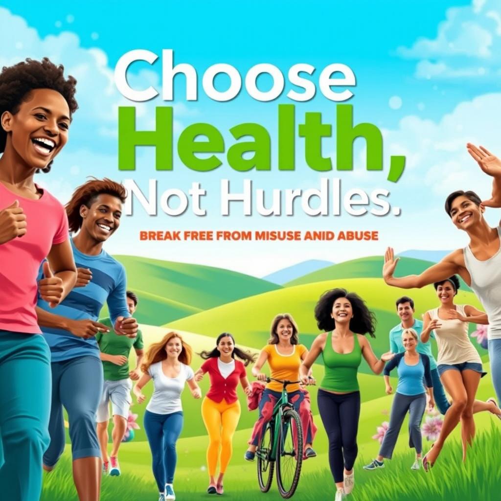 A vibrant poster design that conveys the message "Choose Health, Not Hurdles, Break Free from Misuse and Abuse"