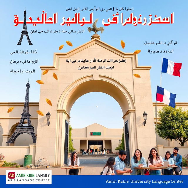 A promotional poster for French language classes at Amir Kabir University Language Center, prominently featuring the entrance arch of Amir Kabir University