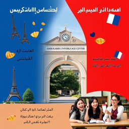 A promotional poster for French language classes at Amir Kabir University Language Center, prominently featuring the entrance arch of Amir Kabir University
